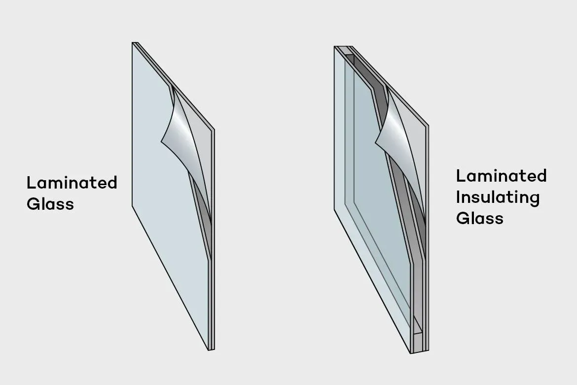 Line drawing of two glazing build ups side by side, laminated glass and laminated insulating glass, each with a corner of the interlayer lifted. A general glazing illustration, not a drawing of this system.